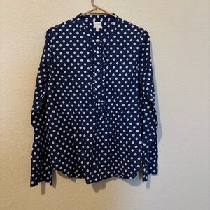 J Crew Long Sleeve Women’s Polka Dot Blue White Ruffle Shirt Size Medium